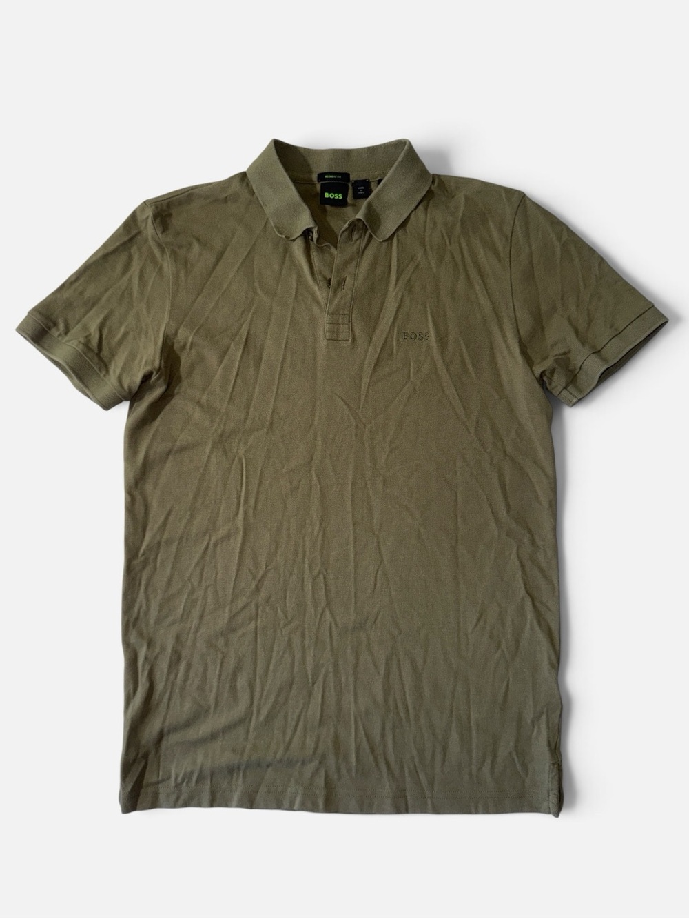 Hugo Boss mens M Medium regular fit olive green solid pique polo shirt EUC